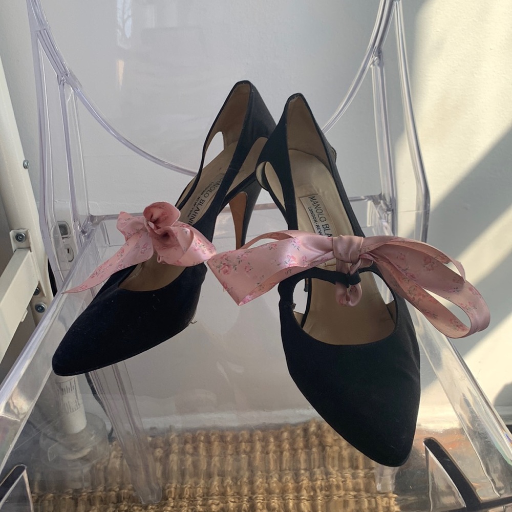 Vintage Black Manolo Blahnik Heels with LoveShackFancy Bows